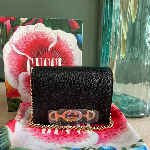 NEW Gucci Zumi Mini Chain Card Case Bag Black Leather